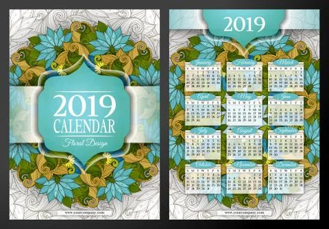 Colored 2019 Year Calendar Rectangular Template, Double-sided Stock Illustration