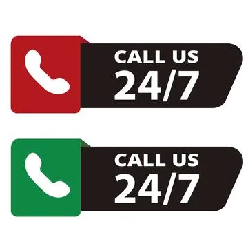Colored 24-7 call us sign on a white background with copy space Stock Illustration