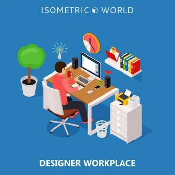 Colored 3d isometric freelance designer workplace vector concept illustration Illustrazione stock