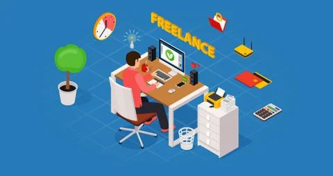 Colored 3d isometric freelance designer workplace vector concept illustration 스톡 일러스트