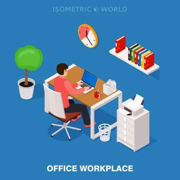 Colored 3d isometric office workplace vector concept illustration. Work table Illustrazione stock