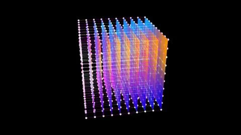 Colored 3D wireframe cube of lines and dots. 3d rendering 스톡 일러스트