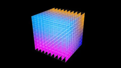 Colored 3D wireframe cube of lines and dots. 3d rendering 库存插图
