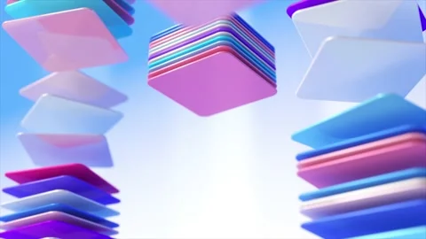 Colored abstract cards are rotated and stacked. Glossy flat square objects. 3d Video stock 186951059