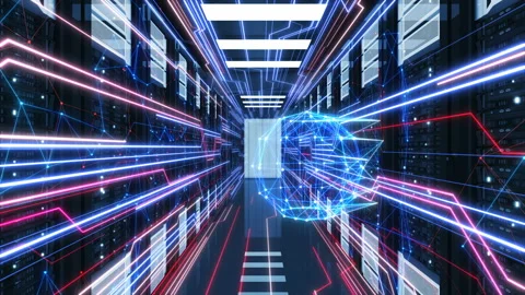 Colored Abstract Network Grid Sphere Hologram in Datacenter Server Racks Room Stock Footage 97184525