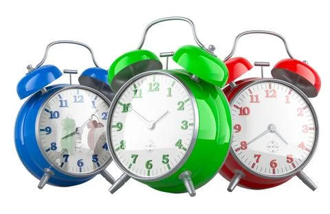 Colored alarm clocks, 3D rendering Stock Illustration