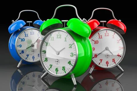 Colored alarm clocks, 3D rendering on dark backdrop Stock Illustration