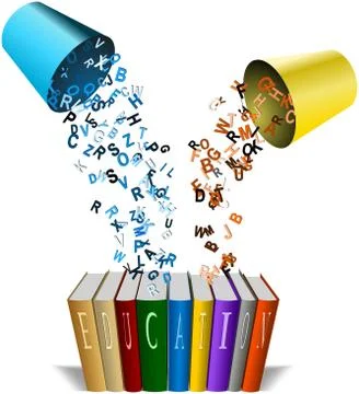 Colored alphabets poured from buckets to line of books Illustrazione stock