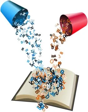 Colored alphabets poured from buckets to opened book Stock Illustration