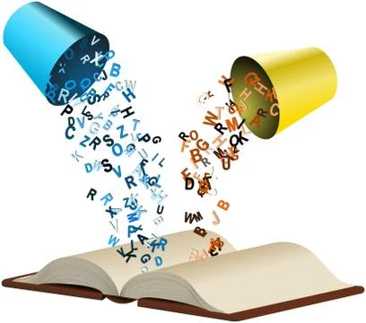 Colored alphabets poured from buckets to opened book 1 Stock Illustration