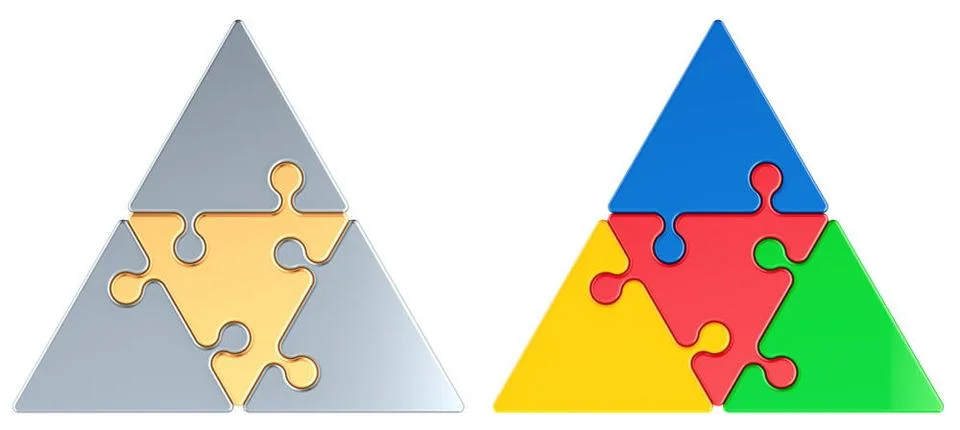 Colored and metallic triangular puzzles. Business logotype concept. 3D ren... Foto stock