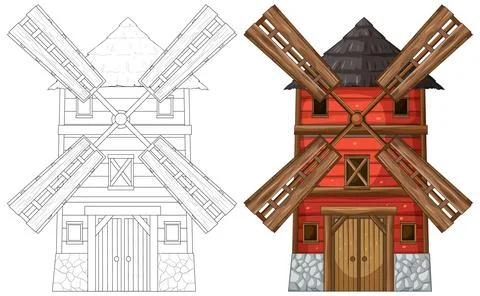 Colored and Outline Rustic Windmill Vector Illustration Illustrazione stock