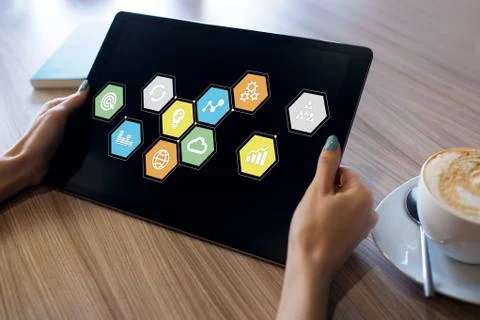 Colored application icons on device screen. Business, Internet and technology 스톡 사진