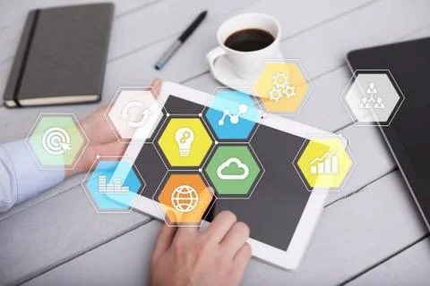 Colored applications icons and graphs on virtual screen. Business concept. 스톡 사진