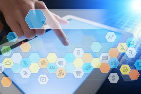 Colored applications icons and graphs on virtual screen. Business, internet and Fotos Stock
