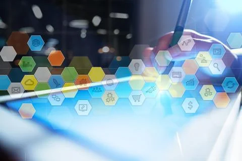 Colored applications icons and graphs on virtual screen. Business, internet and Фото