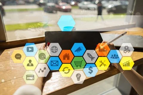 Colored applications icons and graphs on virtual screen. Business, internet and Stock Photos