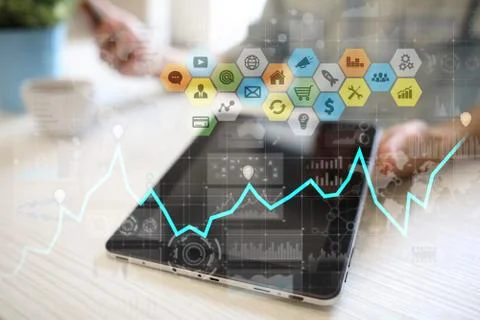 Colored applications icons and graphs on virtual screen. Business, internet and Stock-Fotos