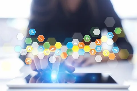 Colored applications icons and graphs on virtual screen. Business, internet and Stock Photos