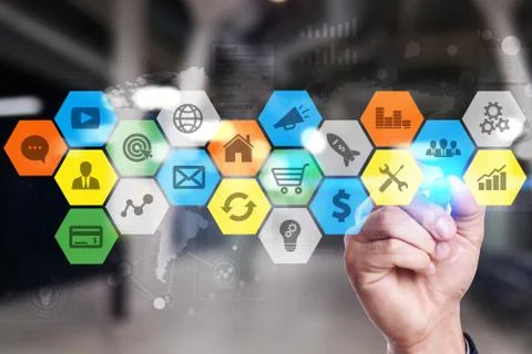 Colored applications icons and graphs on virtual screen. Business, internet and 库存照片