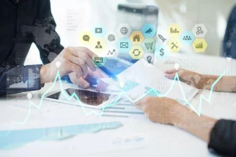 Colored applications icons and graphs on virtual screen. Business, internet and 스톡 사진