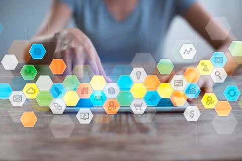 Colored applications icons and graphs on virtual screen. Business, internet and Stock Photos