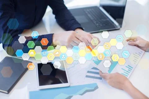 Colored applications icons and graphs on virtual screen. Business, internet and Stock-Fotos