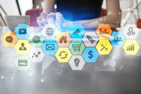 Colored applications icons and graphs on virtual screen. Business, internet and 库存照片