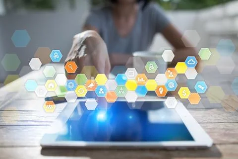 Colored applications icons and graphs on virtual screen. Business, internet and 库存照片