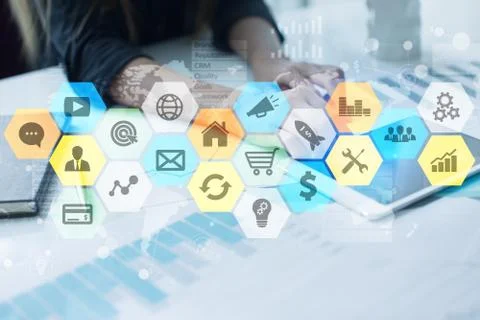 Colored applications icons and graphs on virtual screen. Business, internet and Fotos Stock