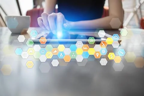 Colored applications icons and graphs on virtual screen. Business, internet and 库存照片