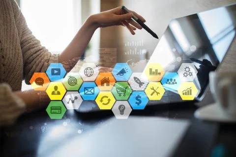 Colored applications icons and graphs on virtual screen. Business, internet and Foto stock