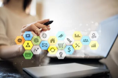 Colored applications icons and graphs on virtual screen. Business, internet and Stock Photos