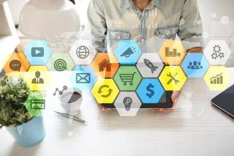 Colored applications icons and graphs on virtual screen. Business, internet and Stock Photos