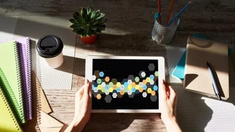 Colored APPS icons on tablet screen. Personal application and software 스톡 사진
