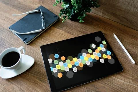 Colored APPS icons on tablet screen. Personal application and software Stock Photos