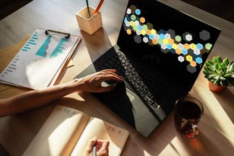 Colored APPS icons on tablet screen. Personal application and software 스톡 사진