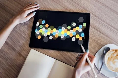 Colored APPS icons on tablet screen. Personal application and software Stock Photos
