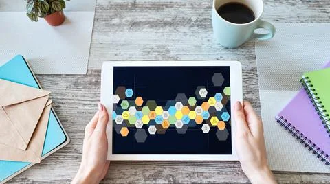 Colored APPS icons on tablet screen. Personal application and software Stock Photos