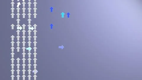 Colored arrows breaking pattern of white arrows on clean background with co.. Stock Photos