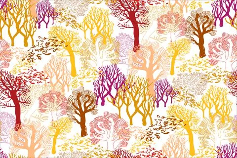 Colored autumn landscape with bare trees on white background. Stock Illustration