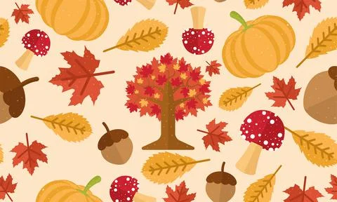 Colored autumn seamless pattern background with trees and pumpkins Vector 스톡 일러스트