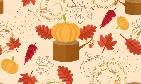 Colored autumn seamless pattern background with leaves and pumpkins Vector Illustrazione stock