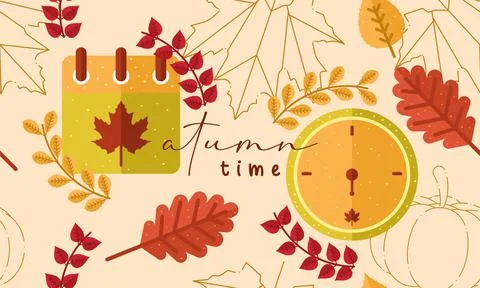 Colored autumn seamless pattern background with watch and calendar Vector 스톡 일러스트