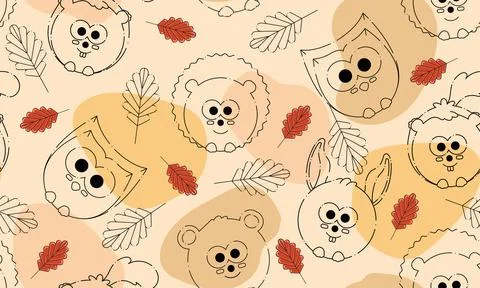 Colored autumn seamless pattern background with cute animals Vector Stock Illustration