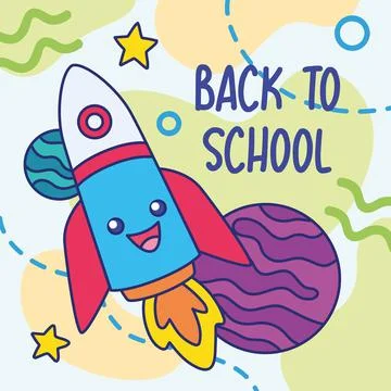 Colored back to school poster astronomy class Happy rocket character Vector Stock Illustration