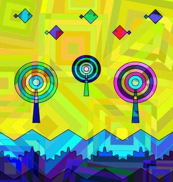 Colored background image of abstract trees ans waves Illustrazione stock