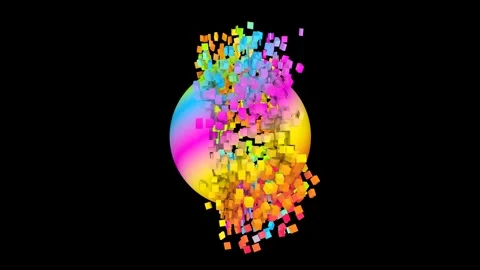 Colored ball disintegrates into small particles on a black screen. Stock Footage 287495624