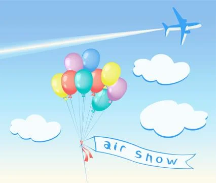 Colored  balloons flying, clouds, Airplane. Illustrazione stock