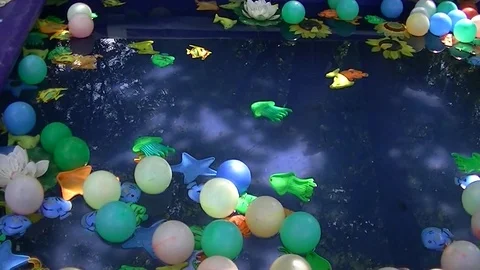 Colored balls and toys float in the water Stock Footage 92979810